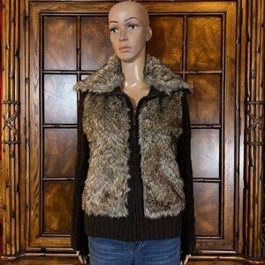 Ci Sono by Cavalini Dk Brown Faux Fur Wool Blend Cable Knit Sleeve Zip Cardigan